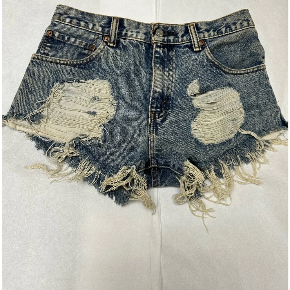 Levi's Distressed Denim Cutoff Shorts with American Flag Pocket - Picture 2 of 7